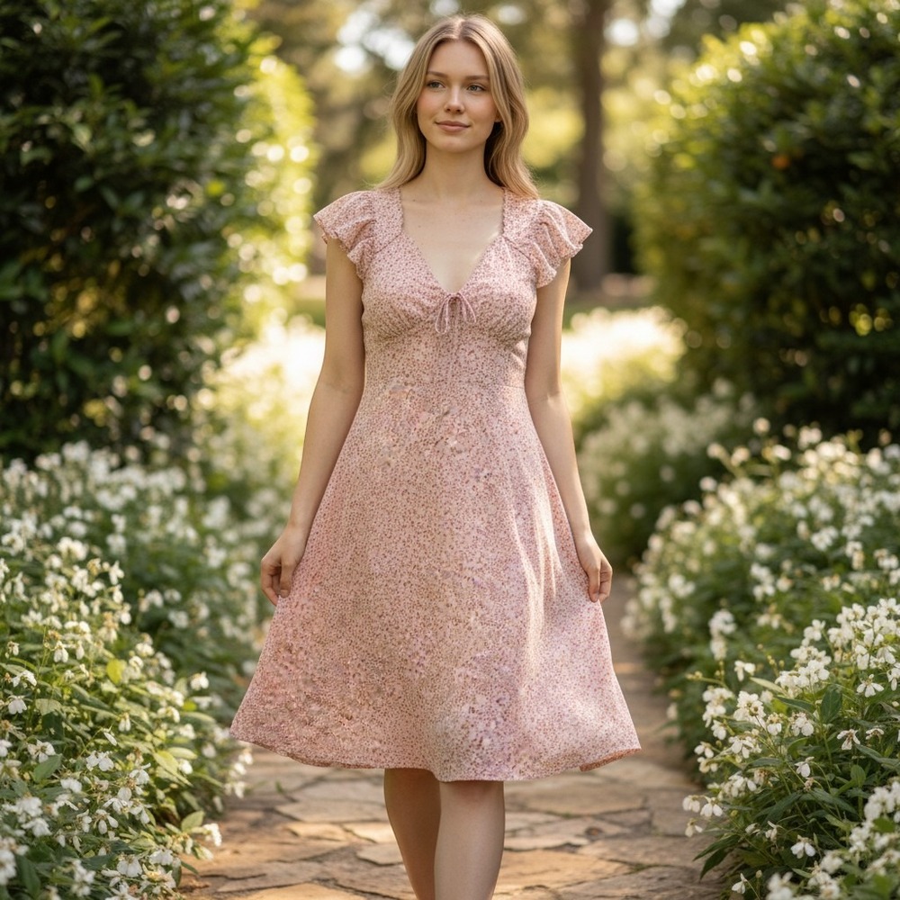 WallFlower Dress Women's Large Pink Floral Ruffle Cap Sleeve Tie Front Mini